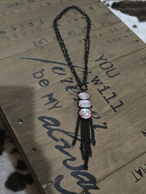 Black Chain Necklace with Iridescent Crystal Trio and Tassel